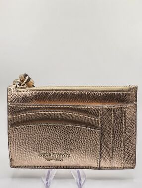 kate spade metallic rose gold card case with zip